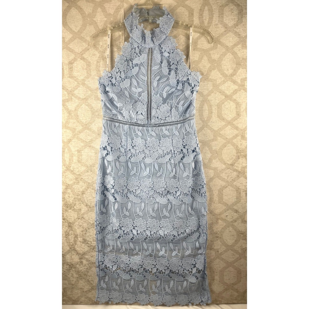Bardot Gemma Dress Womens 6 Blue NWT Floral Lace Halter Midi Cocktail Sheath